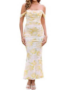 Women's Yellow Floral Corset Ruched Off The Shoulder Bodycon Cocktail Maxi Dress